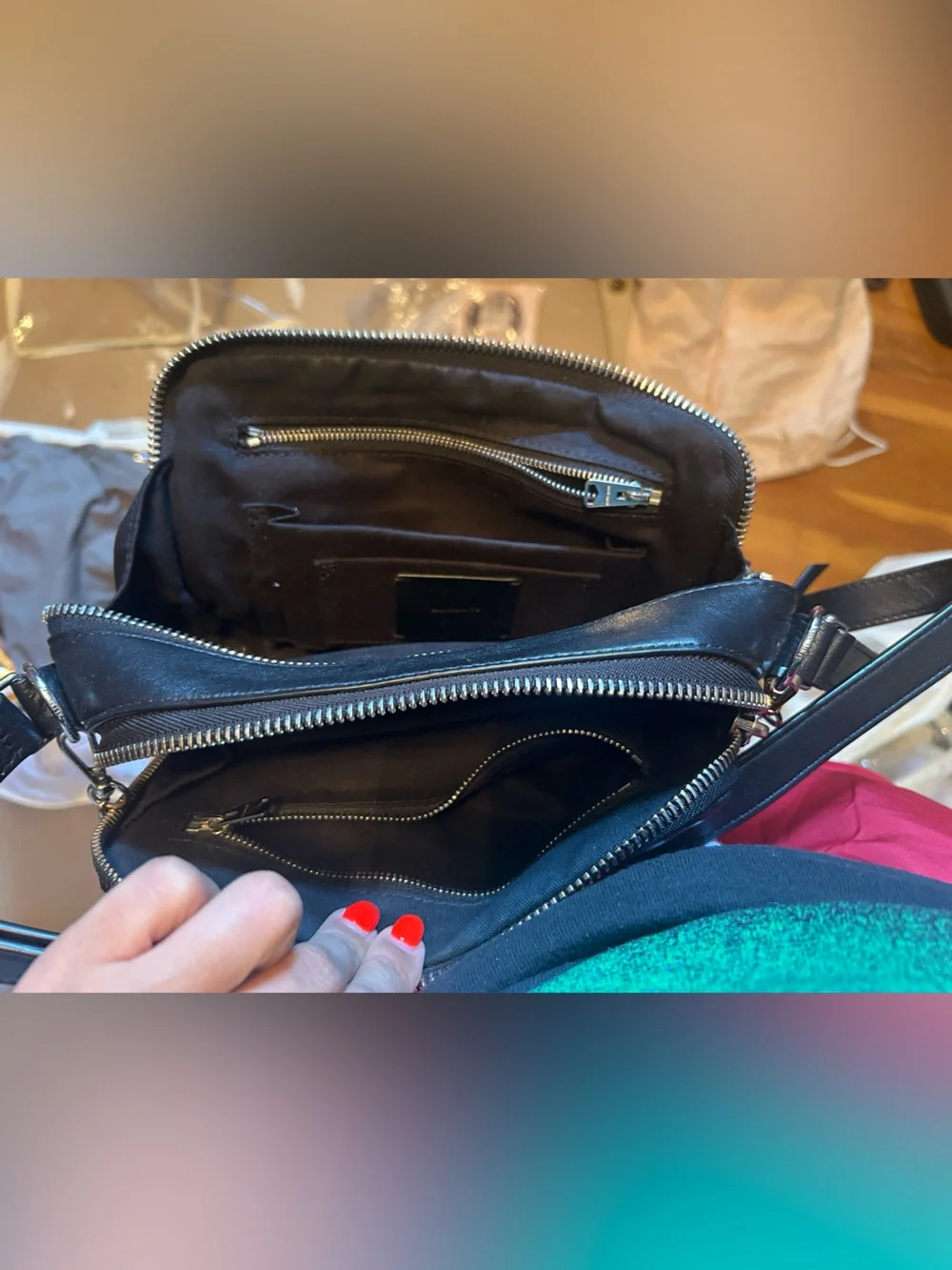 All Saints Black Leather Crossbody Bag with Silver Chain